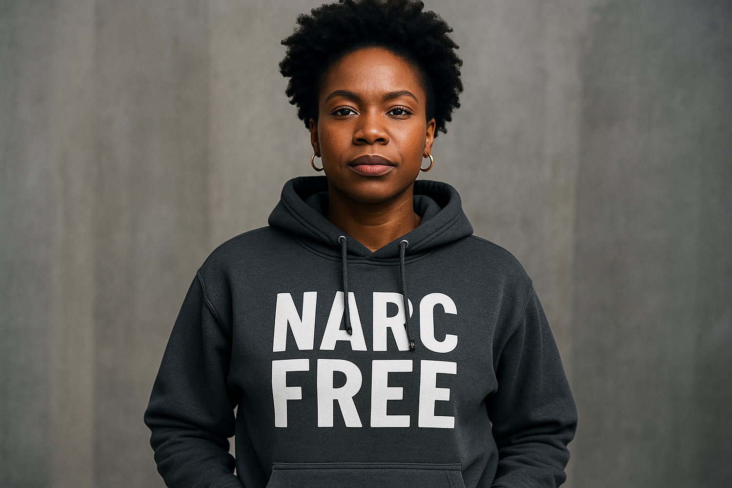 add an image with an African American woman with a hoodie on with NARC FREE 