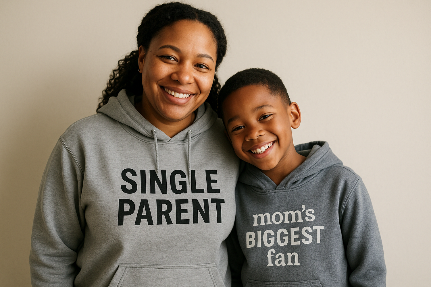 African American female in her 30's with an african american son around 9 years old with the words Single Parent on the female hoodie and kid hoodie says mom biggest fan