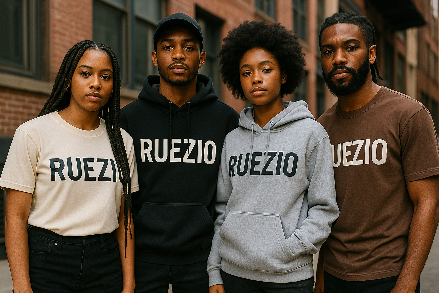 AFRICIAN AMERICAN WEARING TSHRTS, HODDIES WITH RUEZIO ON IT