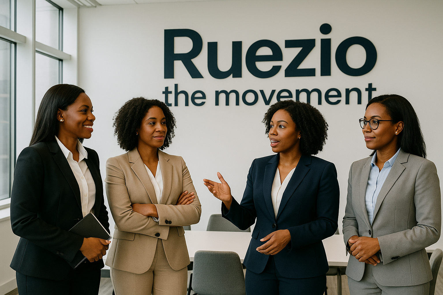 an image of African American females standing with professional attire having a meeting with a sign in the back that states Ruezio the movement